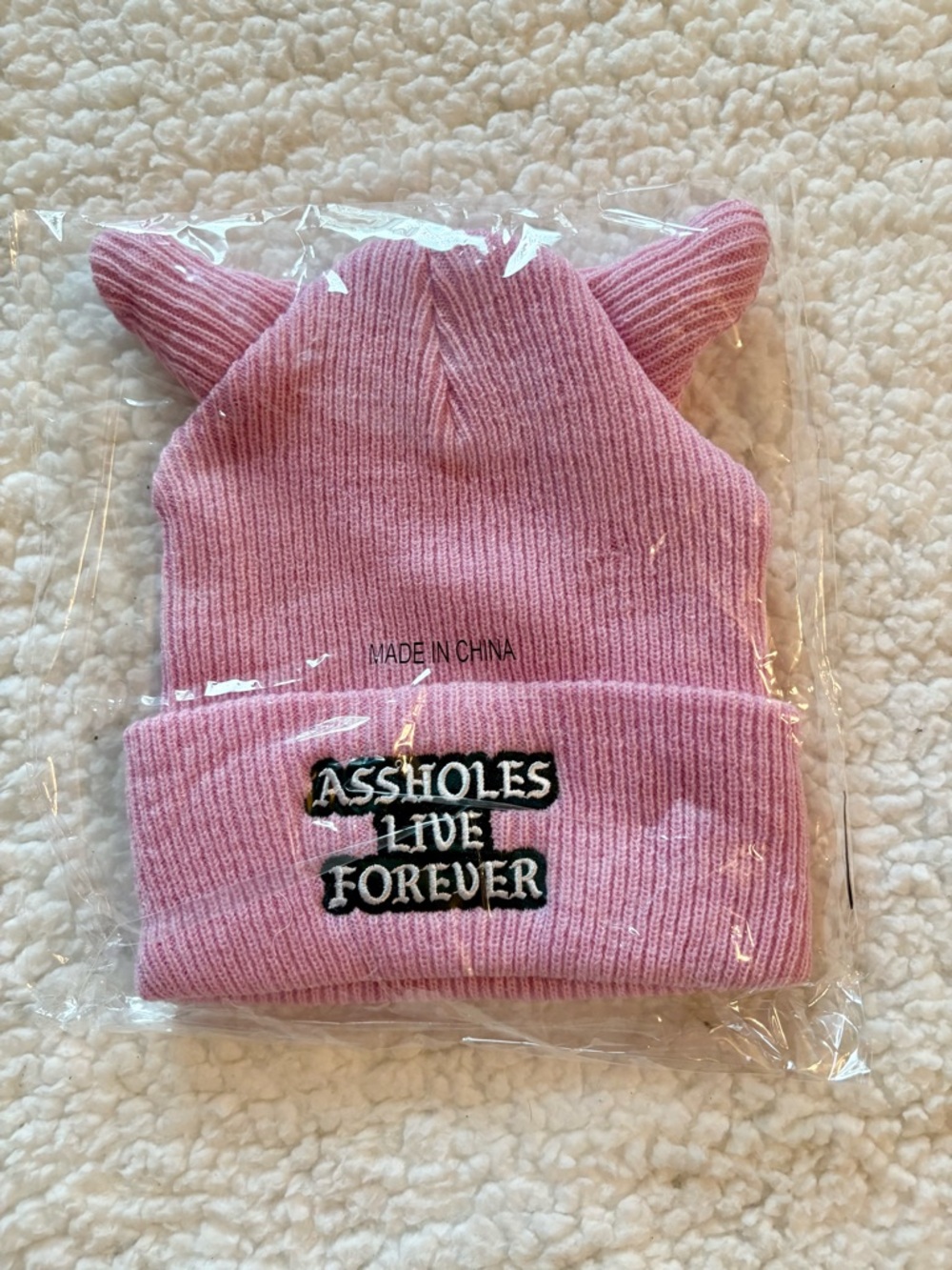 Pink Beanie Hat with Ear Accents - Assholes Live Forever